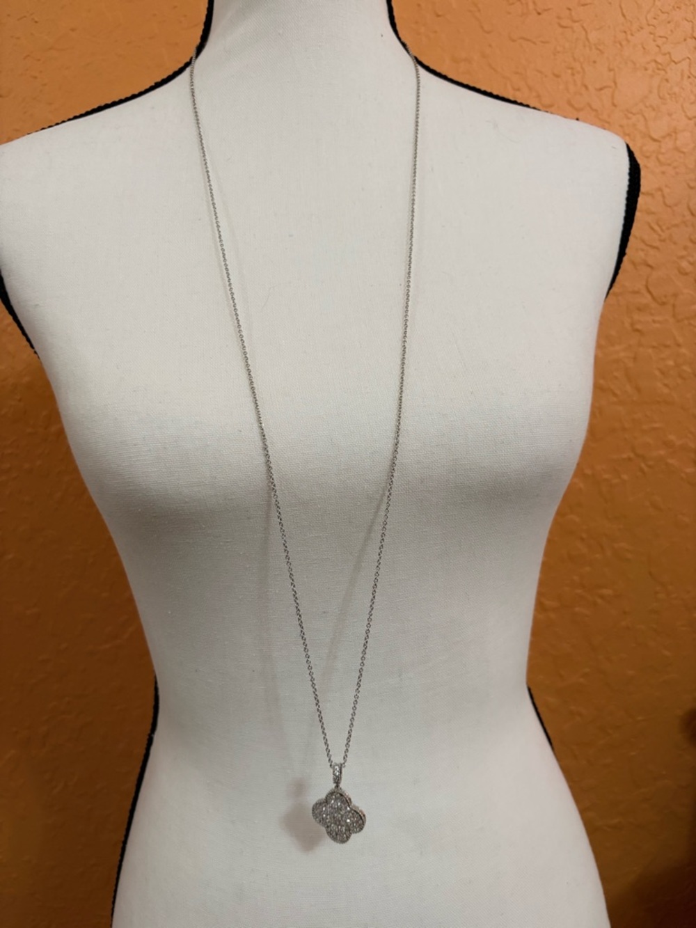 Long Silver Clover Pendant Necklace with Crystal Accents